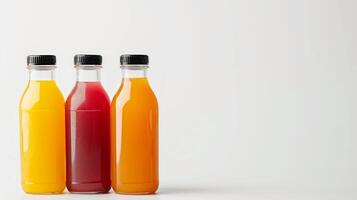 AI generated three bottles of natural fruit or vegetable juices can be seen photo