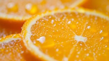 AI generated Vibrant orange slices glisten with dew, capturing the essence of freshness. large copyspace area photo