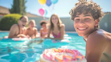 ai generado un adolescente disfrutando un junto a la piscina cumpleaños fiesta con amigos y un flotante pastel foto