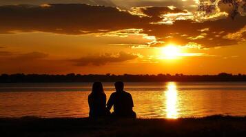 AI generated A couple sits by the shore, silhouetted against the golden hues of a setting sun photo