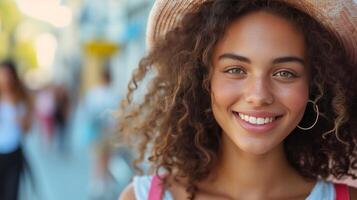 ai generado sumamente elegante joven mujer en el ciudad, exhibiendo su estilo con genuino sonrisas foto