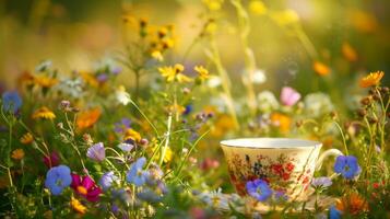 ai generado un taza para té anidado entre vibrante flores silvestres, creando un pintoresco campo escena foto