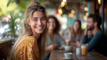 ai generado de moda café amantes jaranear en cultura, exhibiendo su sonrisas para el lente foto