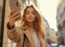 ai generado un mujer tomando un selfie con su teléfono, en el estilo de emotivo cuerpo idioma, ligero marrón y beige, foto