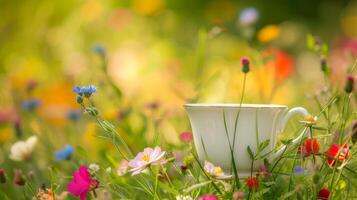 ai generado un taza para té anidado entre vibrante flores silvestres, creando un pintoresco campo escena foto