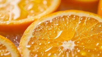 AI generated Vibrant orange slices glisten with dew, capturing the essence of freshness. large copyspace area photo