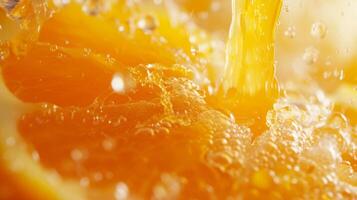 AI generated Close-up of a succulent orange being squeezed, releasing its luscious juice photo