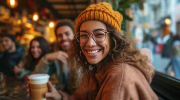 AI generated Stylish people relish coffee moments in city cafes, sharing radiant smiles photo