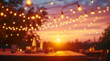 AI generated A stunning sunset backdrop for an outdoor birthday dinner with string lights photo