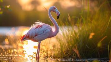 ai generado un solitario flamenco soportes alto en medio de un sereno, besado por el Sol humedal foto