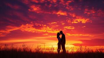 ai generado un de pareja apasionado Beso debajo un vibrante atardecer, amor encendido en el crepúsculo foto