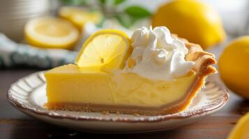 AI generated A slice of lemonade pie, a sweet and tangy dessert topped with whipped cream, served on a vintage plate photo