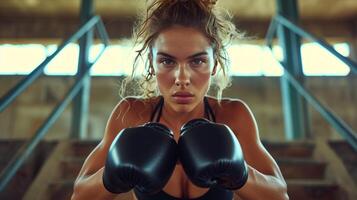 AI generated focused female boxer in athletic wear and gloves training on gym stairs photo