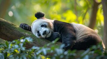 ai generado un adulto panda pacíficamente duerme, acunado por de la naturaleza tranquilidad. foto