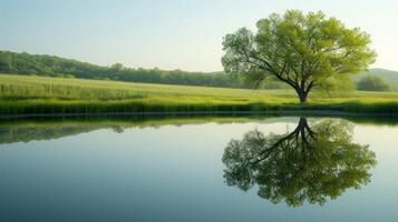 AI generated Calm waters reflect the tranquility of a serene, minimalist spring landscape photo