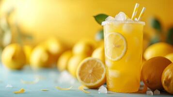 AI generated A vibrant, lemon-yellow backdrop exudes refreshing summer vibes photo