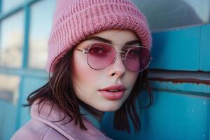 AI generated woman with a beanie holding sunglasses talking photo