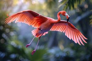 AI generated A close-up captures the intricate details of a flamingo's outstretched wings in mid-flight photo