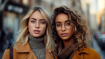 AI generated Chic ladies in cityscapes, confidently looking into the camera photo