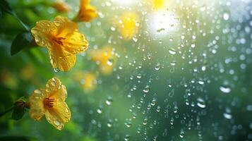 AI generated Glistening raindrops on windowpanes create a soothing, minimalist spring setting photo