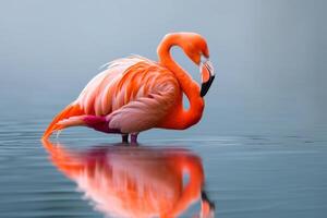 AI generated A solitary flamingo wades in still waters, casting a perfect reflection of its vibrant plumage photo