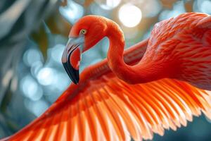 AI generated A close-up captures the intricate details of a flamingo's outstretched wings in mid-flight photo