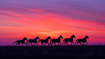 ai generado caballos silueta en contra un vistoso, crepúsculo cielo embarcar en un noche paseo foto