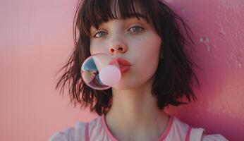 AI generated woman blowing bubbles on pink background photo