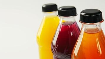 AI generated three bottles of natural fruit or vegetable juices can be seen photo