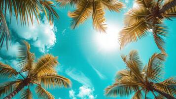 AI generated Lush palm leaves against a vivid turquoise sky transport you to an exotic island photo