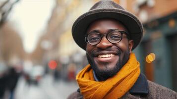 ai generado estilo callejero caballeros exudar carisma, sonriente brillantemente en el corazón de el ciudad foto