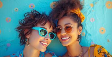 AI generated two women with sunglasses wearing blue are smiling at each other photo