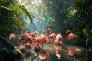 ai generado un grupo de flamencos congrega en un lozano, tropical laguna, un Estallar de rosado en contra verdor foto