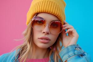 AI generated woman with a beanie holding sunglasses talking photo