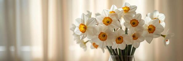 AI generated White-yellow daffodils arranged in a small vase against the backdrop of a hotel room photo