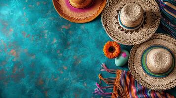 ai generado negrita patrones, sombreros, y maracas infundir un mexicano fiesta espíritu dentro el fondo foto