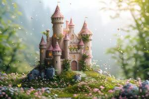 ai generado un majestuoso rosado castillo sube me gusta un sueño en medio de lozano jardines, ajuste para un princesa foto