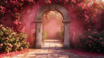 ai generado un grandioso tono rosa portón da la bienvenida visitantes dentro el mágico mundo foto