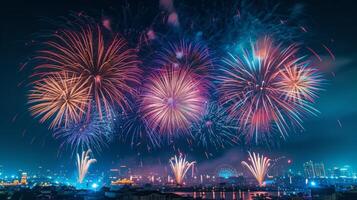 ai generado el noche cielo estalla en un deslumbrante monitor de fuegos artificiales, calificación el grandioso final de esta espectacular carnaval foto