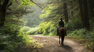 AI generated A rider enjoys a serene trail ride amidst lush, forested surroundings photo