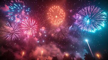 ai generado el noche cielo estalla en un deslumbrante monitor de fuegos artificiales, calificación el grandioso final de esta espectacular carnaval foto