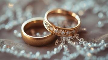 AI generated Elegant Wedding Rings on Lace Background photo