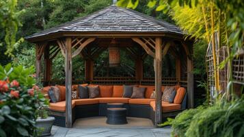 AI generated Cozy Outdoor Gazebo Lounge Area in Forest Setting photo