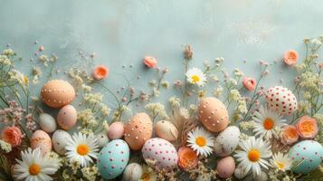 AI generated Festive Easter Frame with Decorative Eggs and Spring Flowers photo