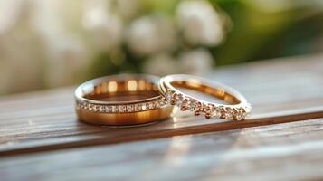 AI generated Elegant Wedding Rings on Lace Background photo