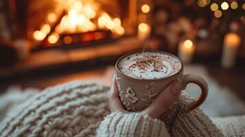 AI generated Winter Comfort with Hot Cocoa by Fireplace photo