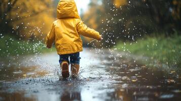 AI generated Joyful Child Splashing in Puddle at Sunset photo