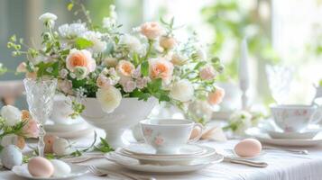 AI generated An elegant Easter brunch table featuring exquisite china and delicate floral arrangements photo