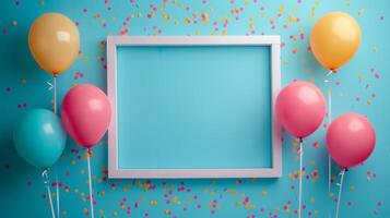 ai generado vibrante cumpleaños celebracion preparar con globos y papel picado foto