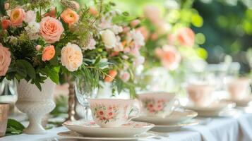 ai generado mesas adornado con Fresco flores y delicado porcelana, evocando un elegante jardín asunto foto